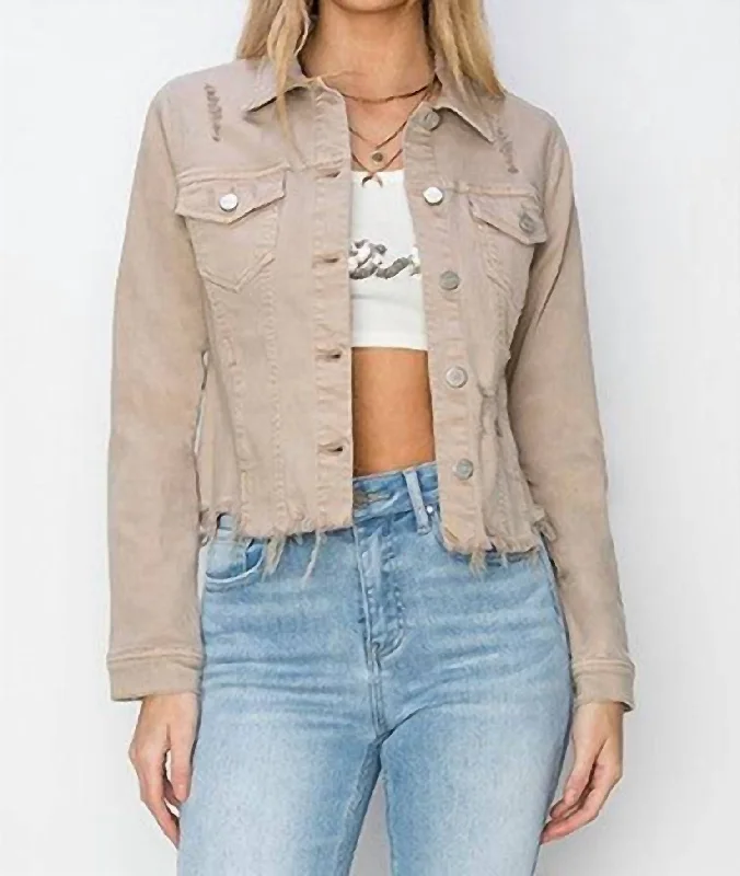 Maeve Cropped Raw Hem Denim Jacket In Taupe