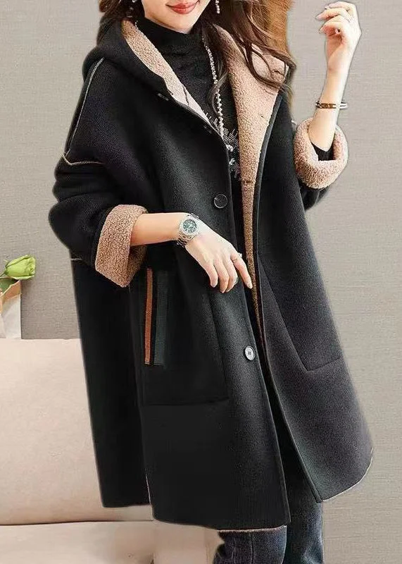 Plus Size Black Hooded Pockets Patchwork Woolen Coat Winter