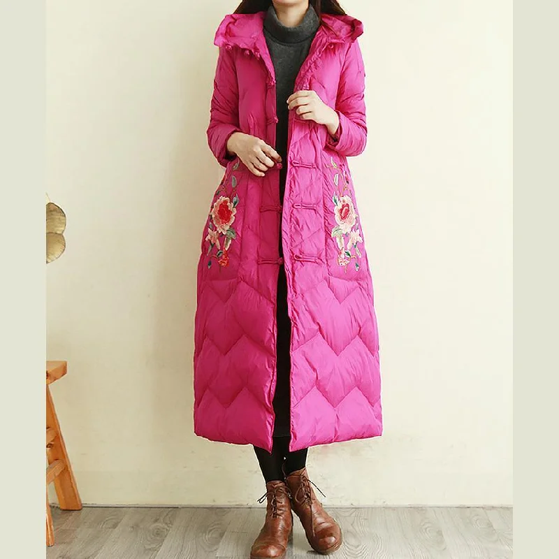 plus size clothing snow jackets overcoat rose embroidery Chinese Button hooded warm winter coat