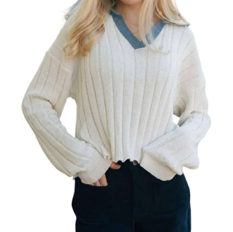 Denim Collar Sweater In Ecru