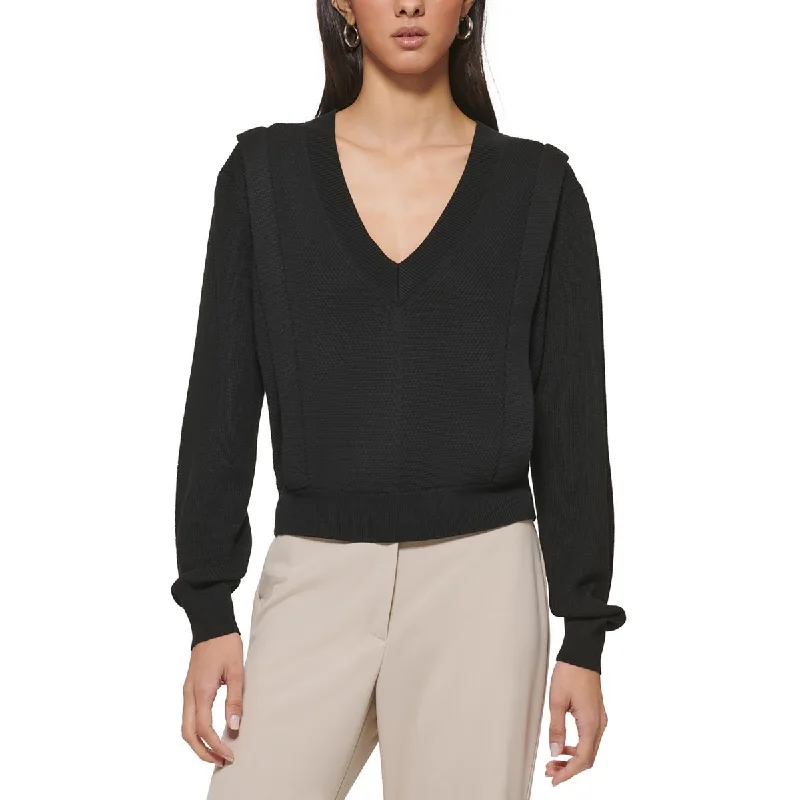 DKNY Womens Ribbed V Neck Pullover Sweater