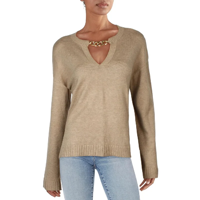 Ellen Tracy Womens Keyhole Neck Chain Pullover Sweater