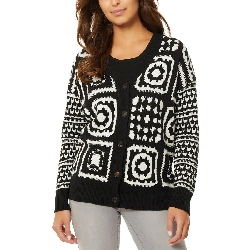 Jones New York Womens Houndstooth Button Front Cardigan Sweater