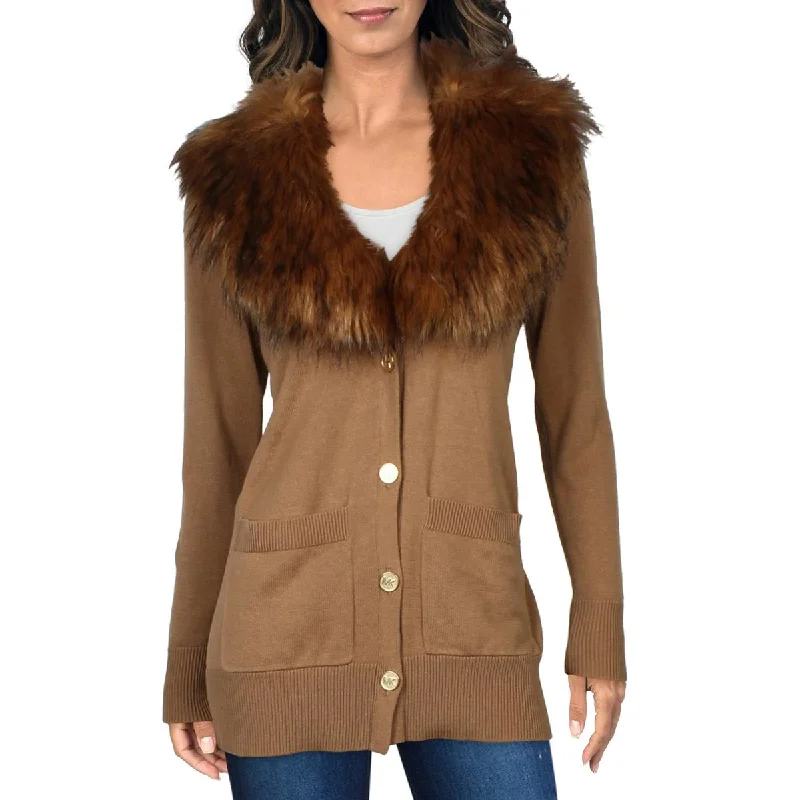 MICHAEL Michael Kors Womens Faux Fur Trim Button-Down Cardigan Sweater