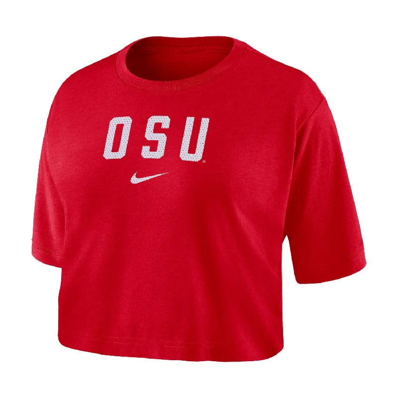 Ladies Ohio State Buckeyes Nike Dri-FIT Logo Scarlet Crop T-Shirt