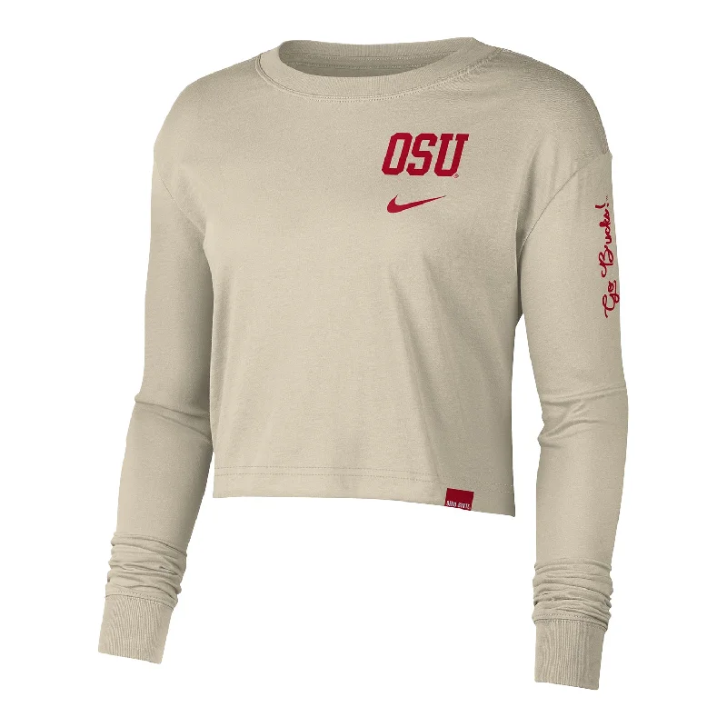 Ladies Ohio State Buckeyes Nike Jr. Varsity Crew Crop Rattan Long Sleeve