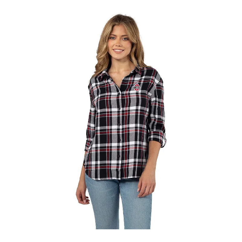 Ladies Ohio State Buckeyes Boyfriend Black and Scarlett Plaid Long Sleeve T-Shirt