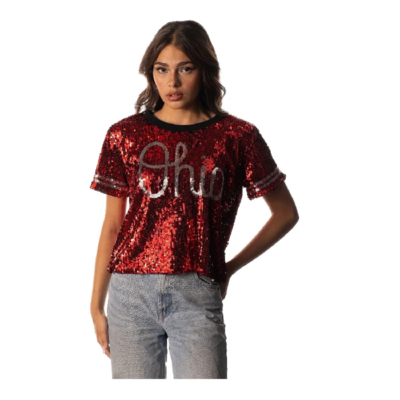 Ladies Cropped Sequin Scarlet T-Shirt