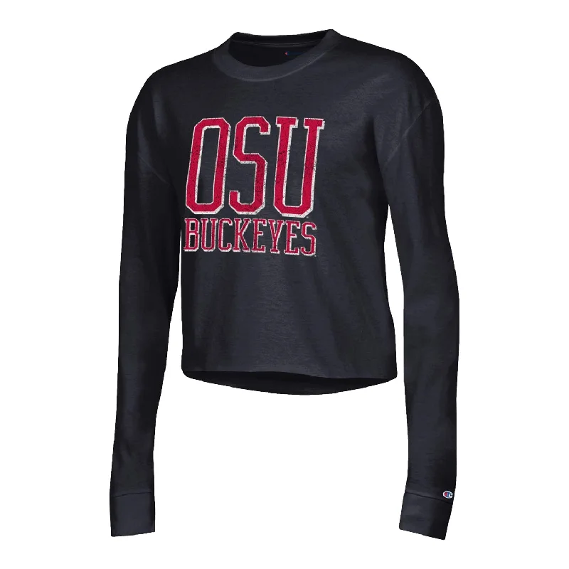 Ladies Ohio State Buckeyes Boyfriend Crop Black Long Sleeve T-Shirt