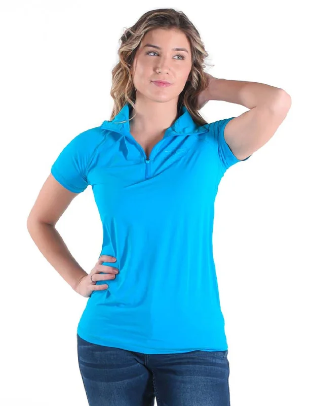 Cowgirl Tuff Womens Cooling UPF 1/4 Zip Aqua Nylon S/S T-Shirt