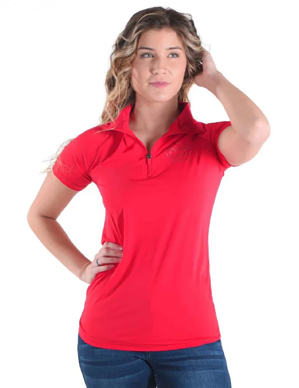 Cowgirl Tuff Womens Cooling UPF 1/4 Zip Bright Red Nylon S/S T-Shirt