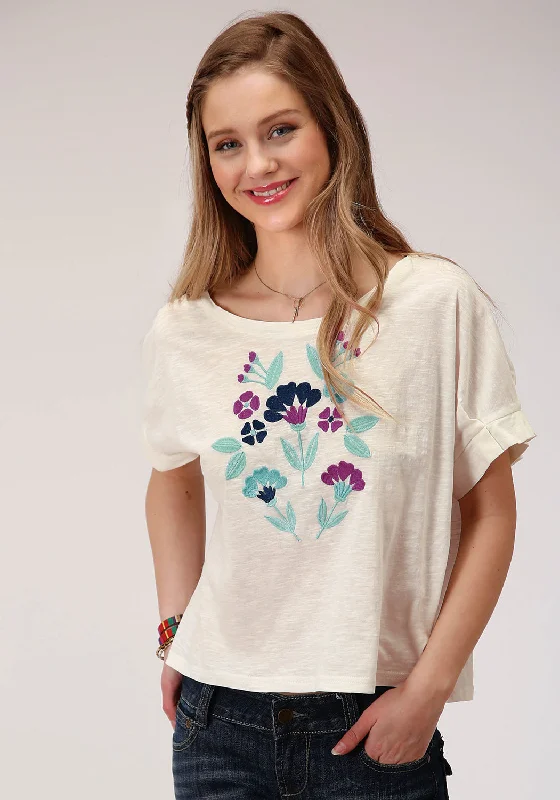 Roper Womens Cream 100% Cotton Purple Floral S/S T-Shirt