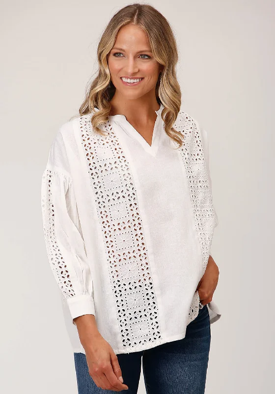 Roper Womens Flex Peasant White 100% Cotton 3/4 Sleeve S/S Blouse