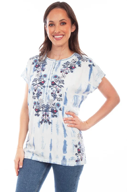 Scully Womens Light Blue Viscose Tie-Dyed Vines S/S Blouse