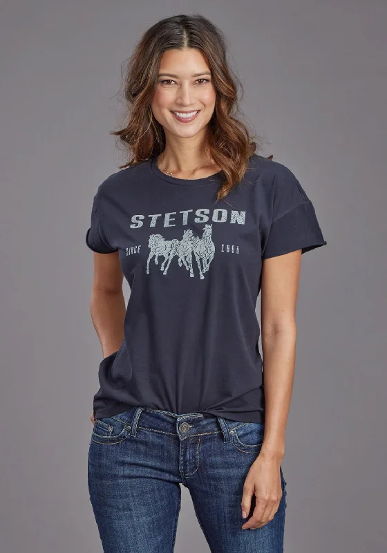 Stetson Womens Running Horses Black 100% Cotton S/S T-Shirt