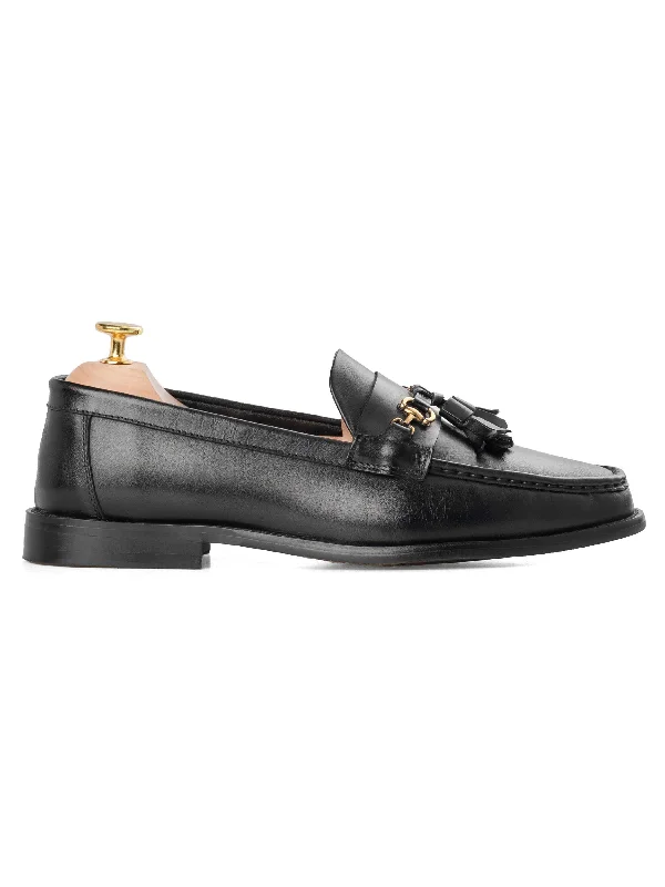 Tassel Moccasin Buckle Loafer  - Solid Black Leather