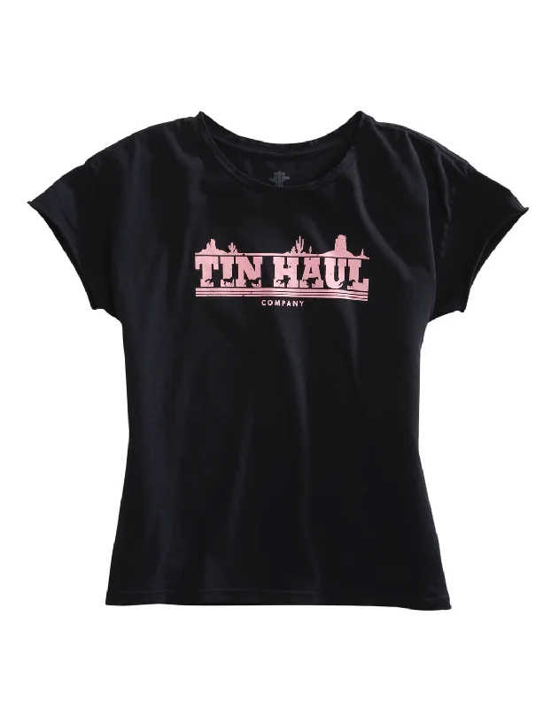 Tin Haul Womens Black 100% Cotton Pink Running Horses S/S T-Shirt