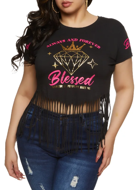 Plus Size Always And Forever Blessed Graphic Fringe Tee