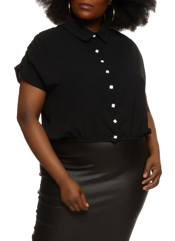 Plus Size Crepe Knit Ruched Sleeve Button Front Shirt