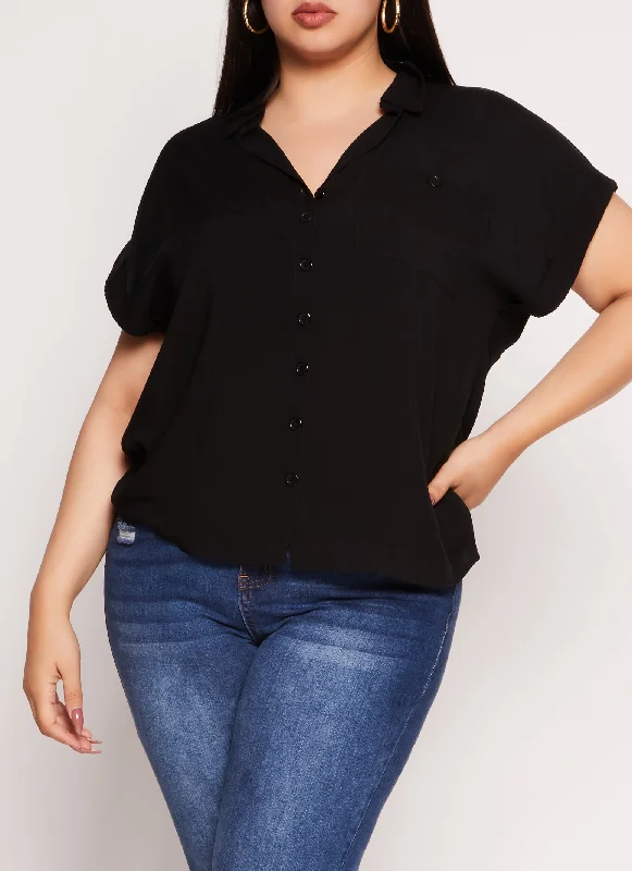 Plus Size Cuffed Sleeve Button Front Shirt