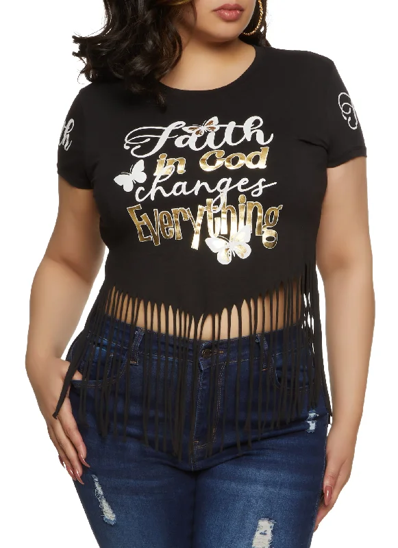 Plus Size Faith In God Changed Everything Fringe Hem Graphic Tee