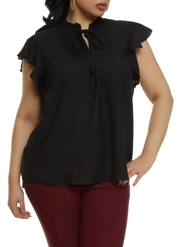 Plus Size Flutter Sleeve Tie Neck Blouse