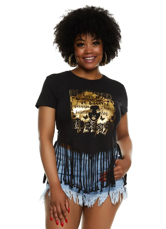 Plus Size Fringe Blessed To Be Myself Foil Graphic Tee