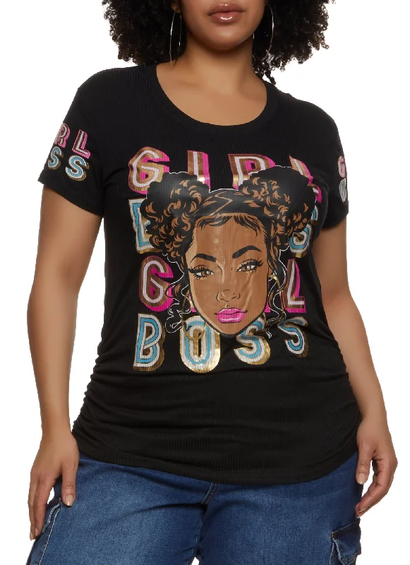 Plus Size Girl Boss Foil Screen Ruched Graphic Tee