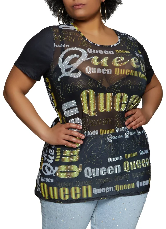 Plus Size Mesh Rhinestone Queen Print Top