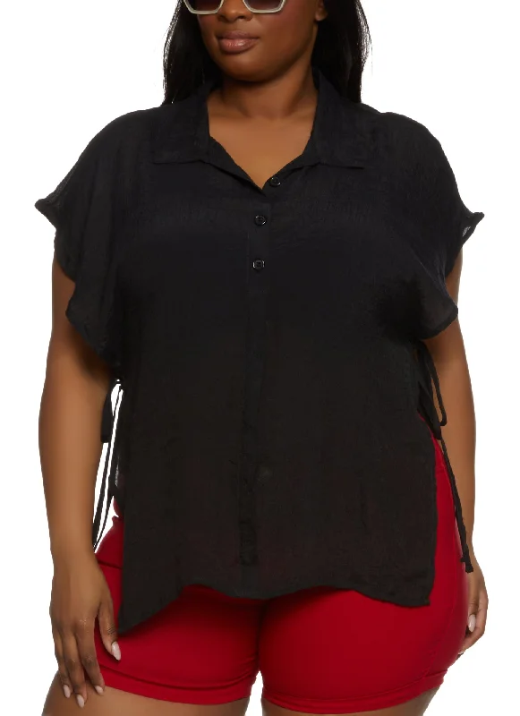 Plus Size Open Side Tie Button Front Top