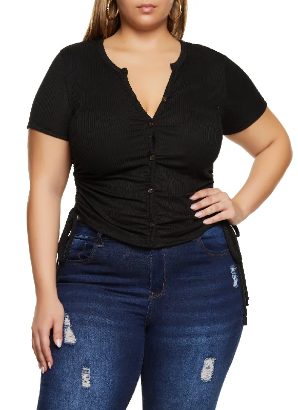 Plus Size Rib Knit Button Front Ruched Tee