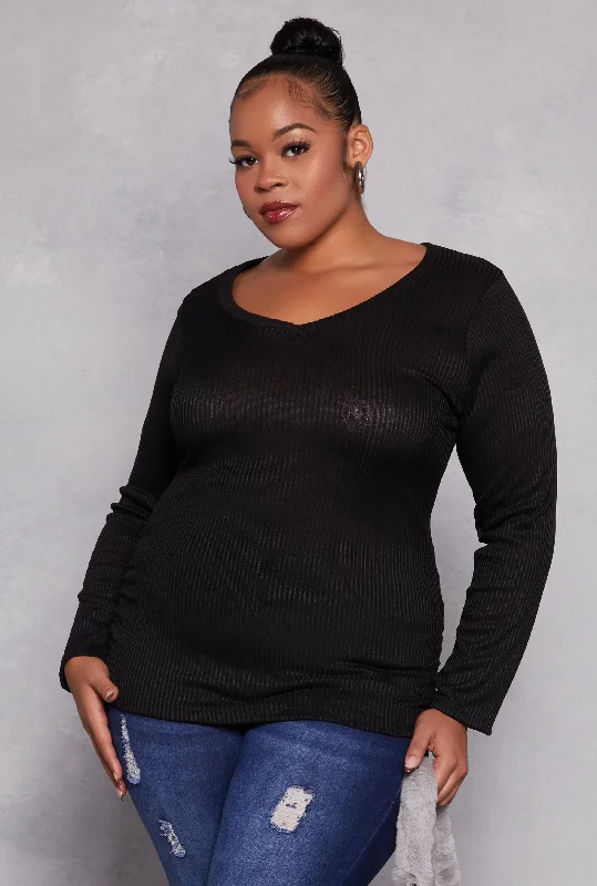 Plus Size Rib Knit Ruched Side V Neck Top