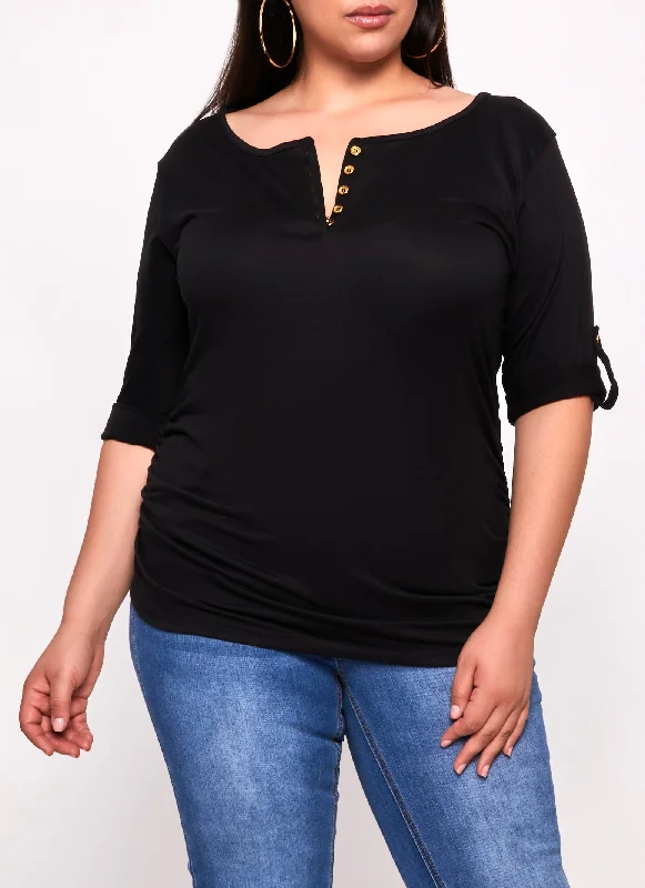 Plus Size Scoop Neck Tabbed Sleeve Top