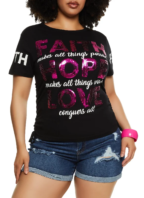 Plus Size Sequin Faith Hope Love Ruched Graphic T Shirt