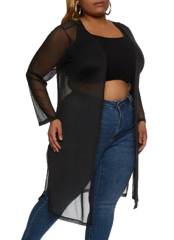 Plus Size Solid Mesh Long Sleeve Duster