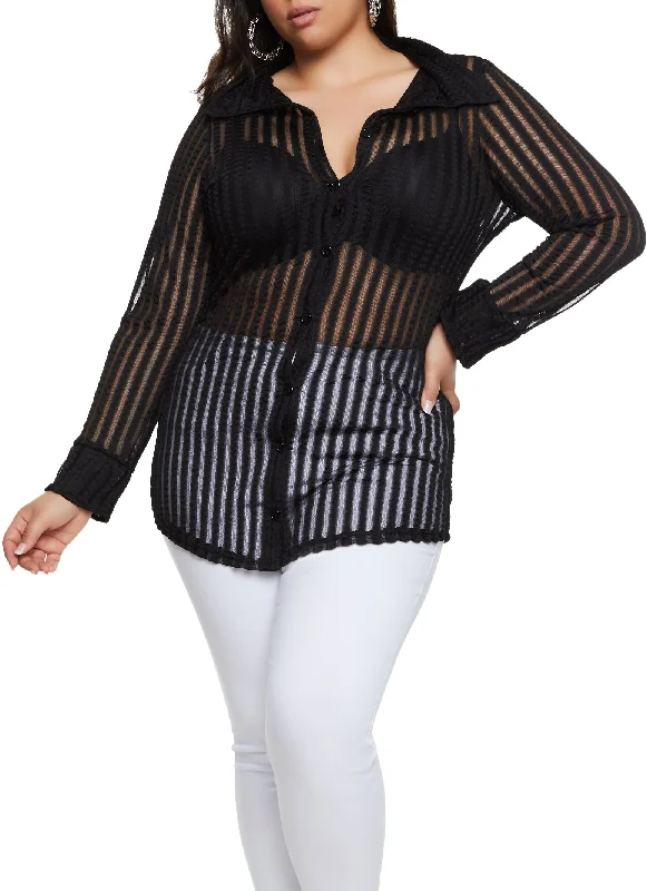 Plus Size Striped Mesh Detail Button Front Shirt