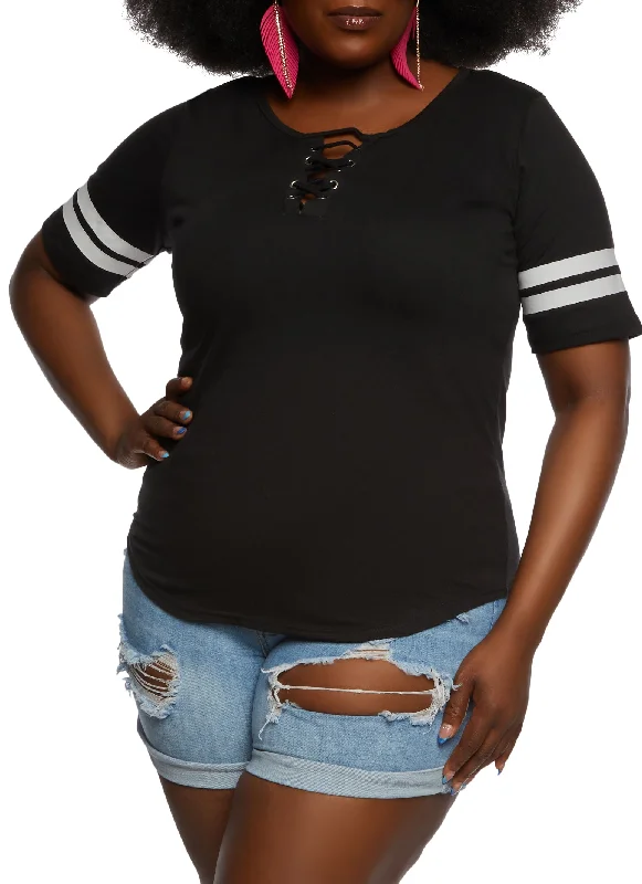 Plus Size Varsity Striped Sleeve Lace Up Crew Neck Tee