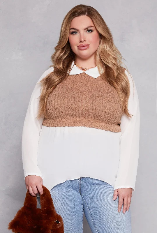 Plus Size Brushed Knit Sweater Vest Blouse