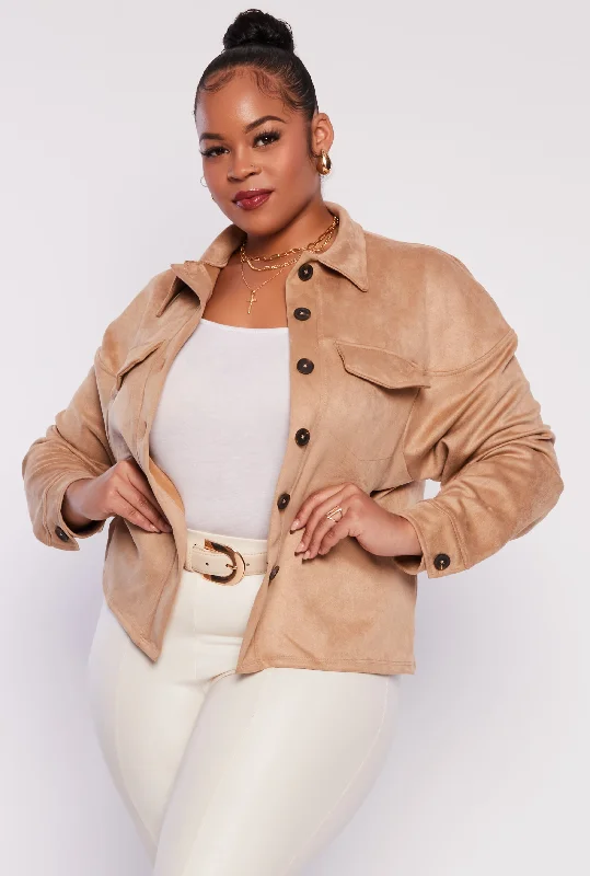 Plus Size Faux Suede Button Front Top