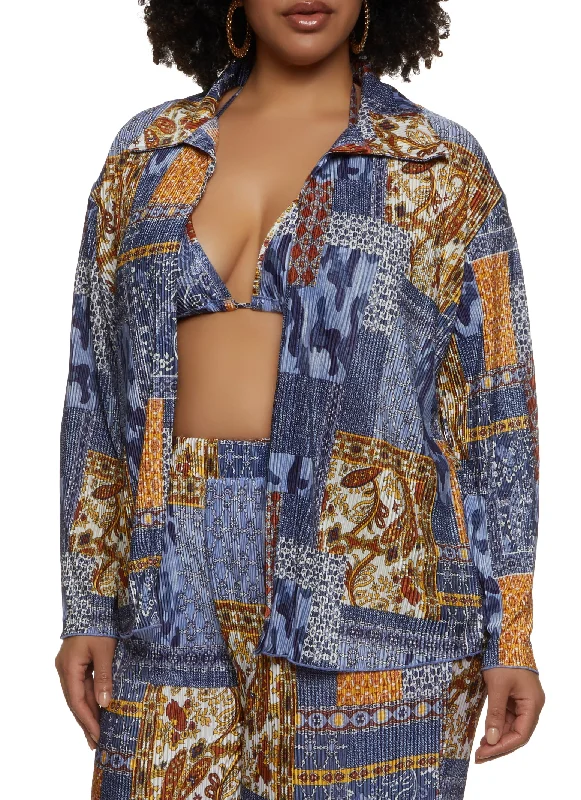 Plus Size Plisse Patterned Open Front Shirt with Bralette