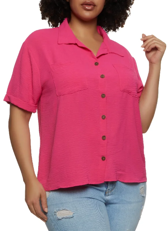 Plus Size Airy Pocket Button Down Shirt