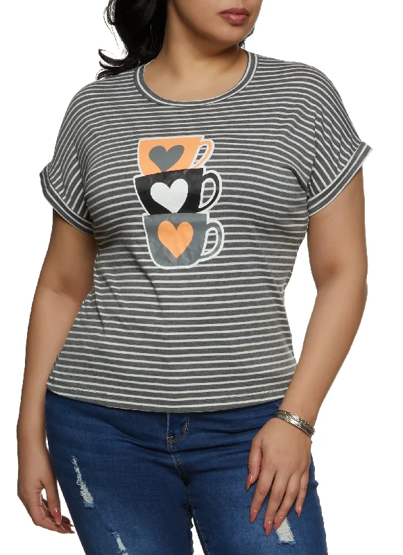 Plus Size Heart Mug Graphic Striped Tee