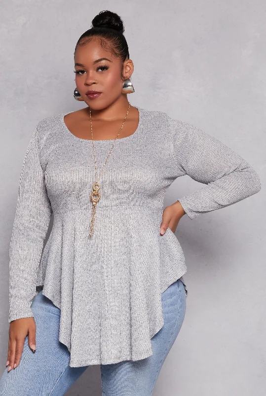 Plus Size Ribbed Knit Peplum Top with Necklace