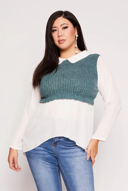 Plus Size Brushed Knit Sweater Vest Blouse