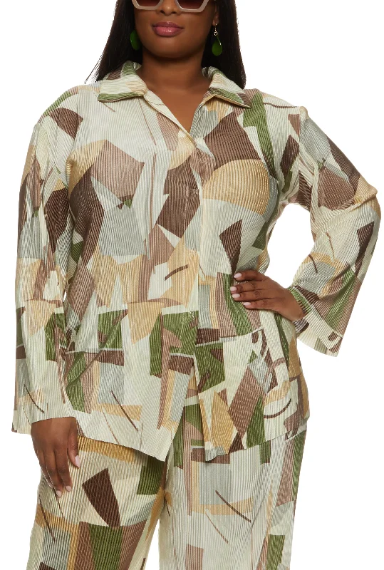 Plus Size Plisse Printed Button Front Shirt