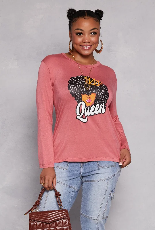 Plus Size Queen Graphic Long Sleeve Top with Necklace