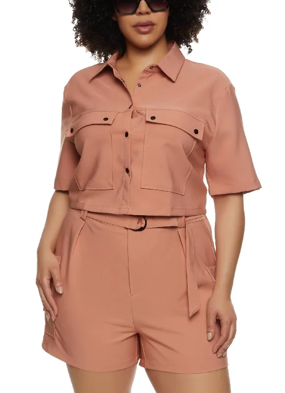 Plus Size Snap Button Front Cropped Shirt