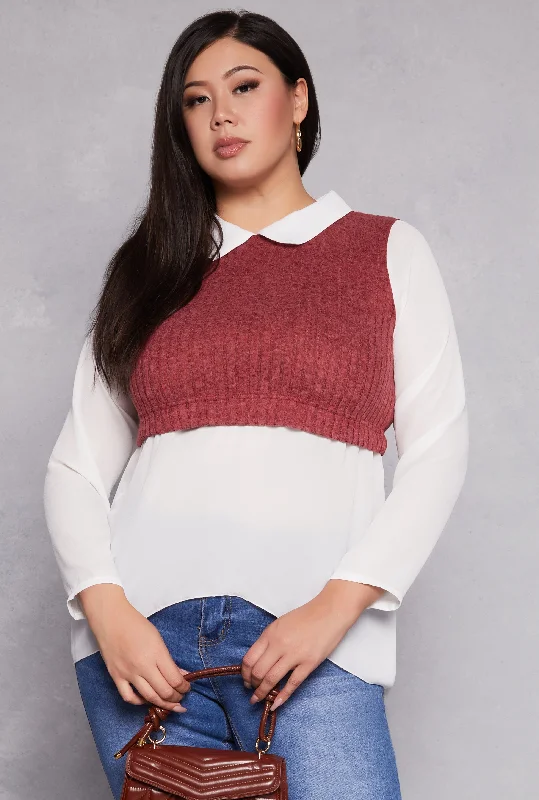 Plus Size Brushed Knit Sweater Vest Blouse