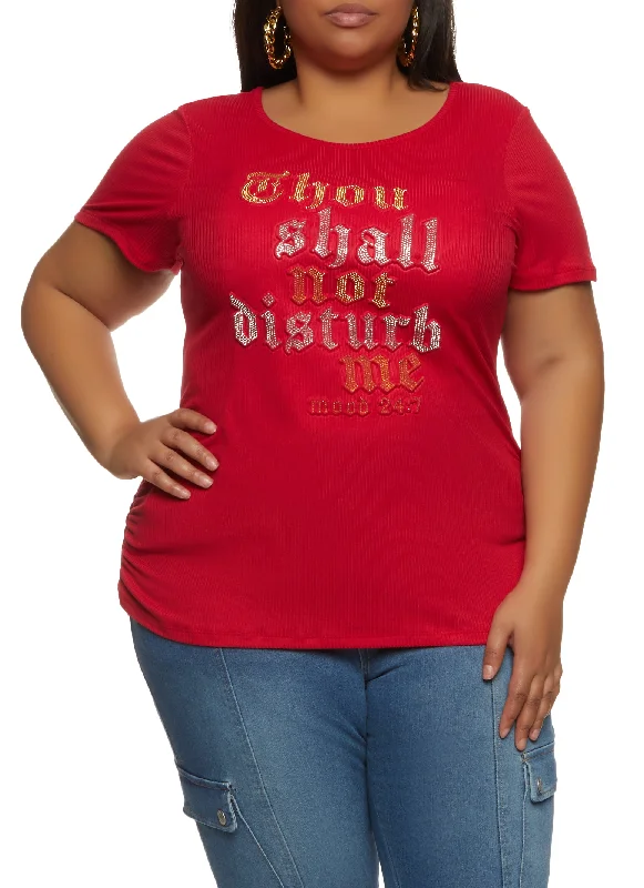 Plus Size Thou Shall Not Disturb Me Rhinestone Embossed Tee