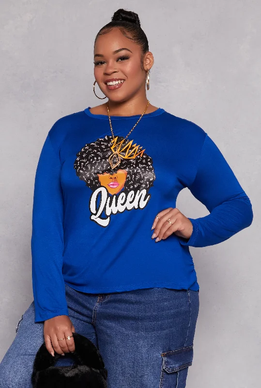 Plus Size Queen Graphic Long Sleeve Top with Necklace